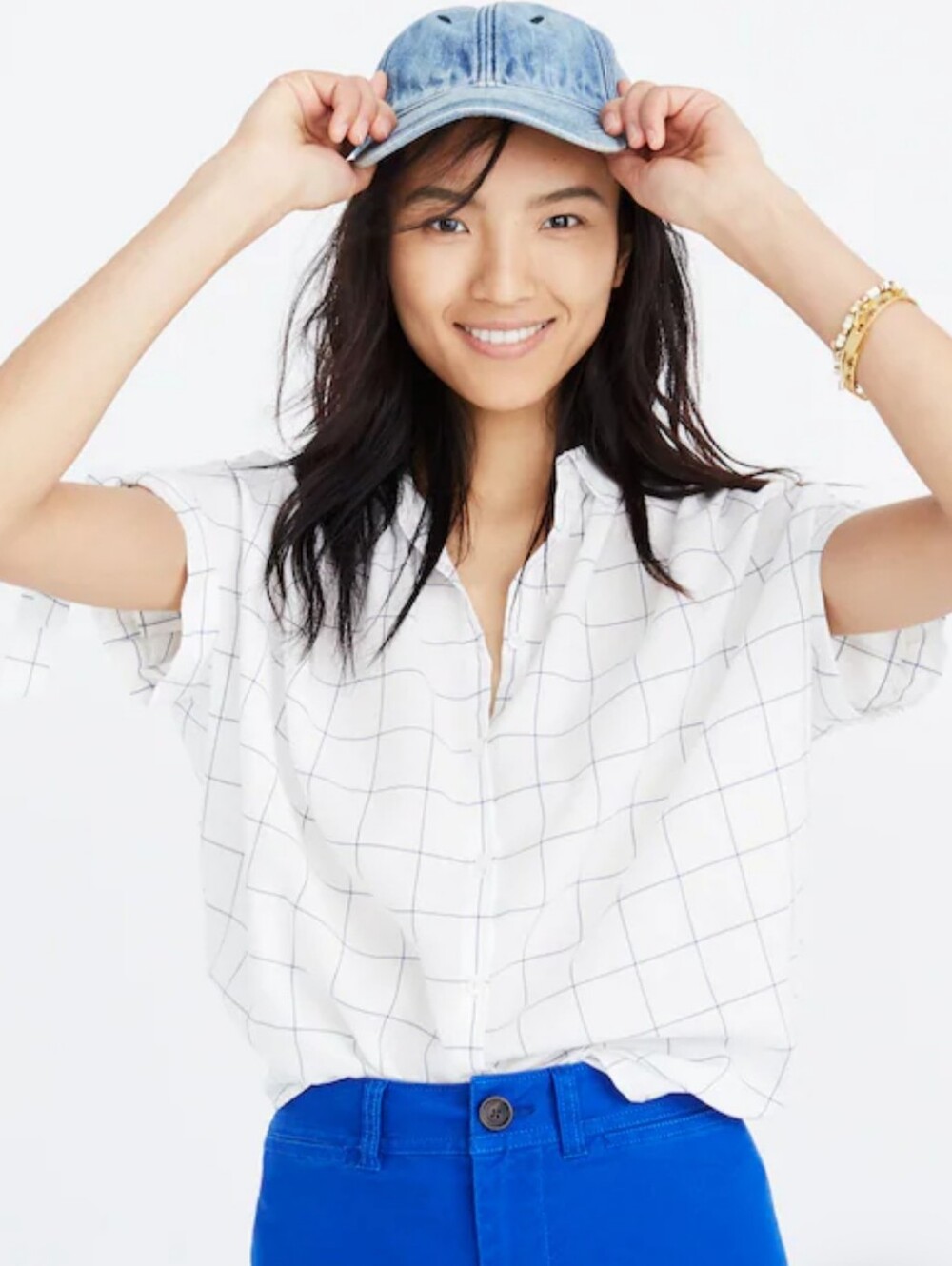 Madewell Central Tie Sleeve Windowpane Button Up Shirt 100% Cotton